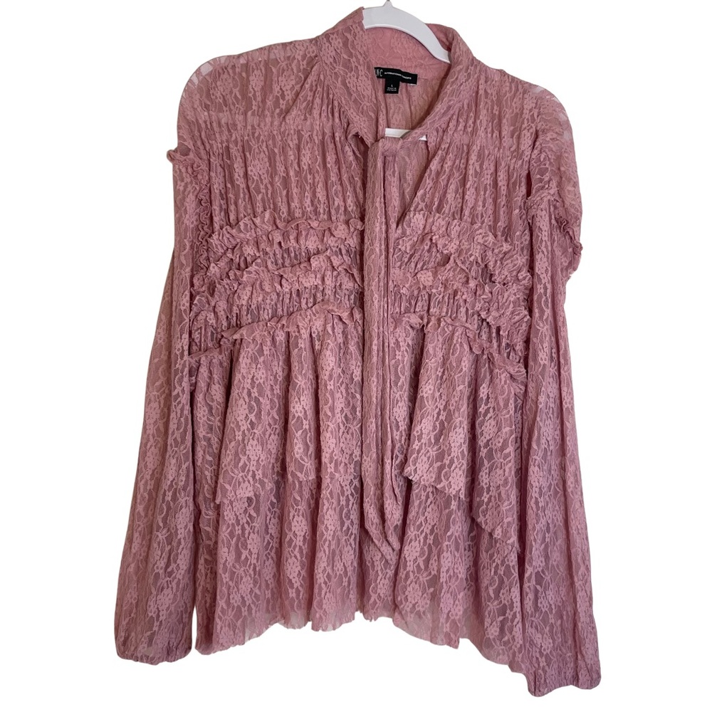 Pink  Sheer Whimsy Lace Tiered Long Sleeve Top w/Tie Sz.Large
